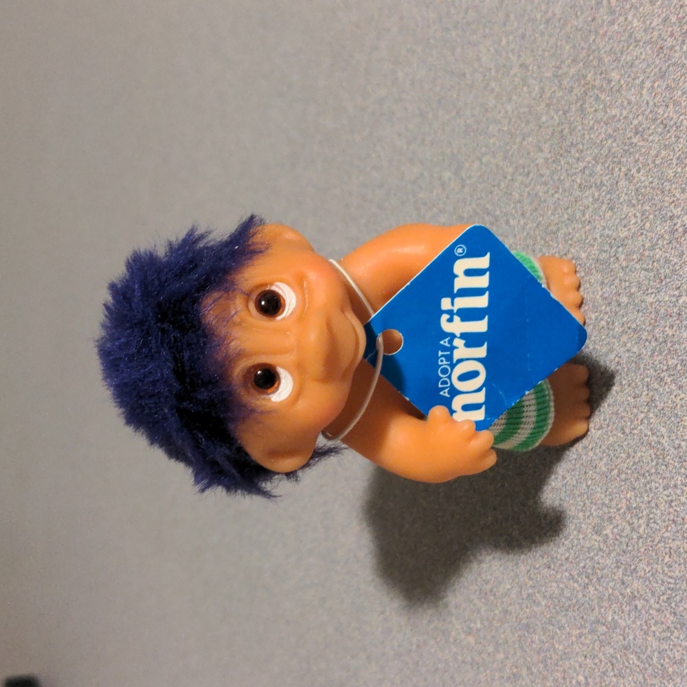 VTG Vintage Norfin Troll baby with tag, purple hair 1985